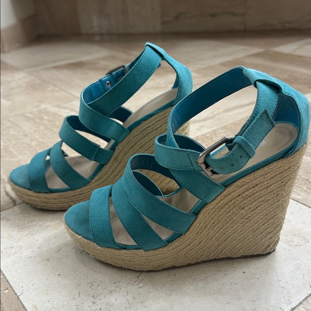 Mossimo Turquoise Suede-like Wedge Sandals with Jute Heels - Picture 3 of 8